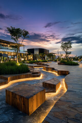 Fototapeta premium Eco-Friendly Park featuring recycled materials with water-efficient gardens.