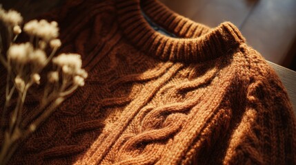 Obraz premium Cozy knitted wool sweater with cable pattern. Autumn vibes