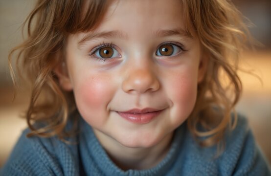 Close-up portrait of a smiling toddler girl with curly blonde hair. Her bright eyes gaze forward, cheeks flushed with a healthy glow. She wears a blue sweater. Focus on childhood innocence and joy.