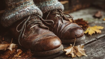Vintage leather boots with wool socks and fallen leaves