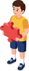 Obraz premium Boy holding red puzzle piece standing in yellow shirt and blue shorts vector illustration