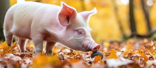 A small pink pig forages among fallen autumn leaves in a forest. The scene captures the essence of nature and wildlife in a vibrant setting.