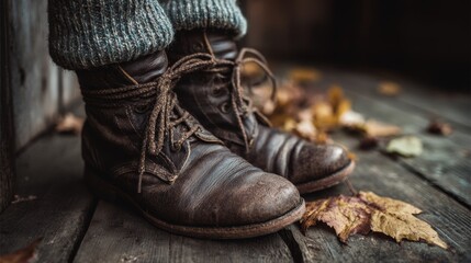 Vintage leather boots with wool socks and fallen leaves
