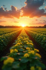 Obraz premium Rows of yellow flowering crops stretch towards vibrant sunset over vast agricultural field. Green leaves, soil contrast with warm sky. Scene captures of farming, nature beauty during harvest season.