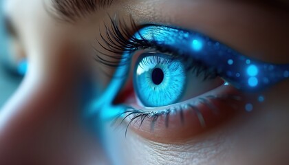 Fototapeta premium Extreme closeup of vibrant blue human eye with futuristic blue eyeliner, glowing particles. Macro shot emphasizes eye health supplement benefits, optical vision care, advanced cosmetic makeup