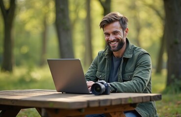 Man works on laptop outdoors in forest setting at wooden picnic table. Camera sits beside, suggesting photography as hobby profession. Smiles, indicating happiness, enjoyment of freelance remote work.