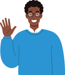 Fototapeta premium Man waving hand greeting friendly smiling wearing glasses blue sweater casual portrait vector illustration