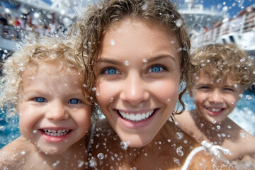 Children smiling and playing with woman, water droplets creating a fun atmosphere. Bright sunny day by the pool deck. Concept of family bonding, summer fun, vacation adventures