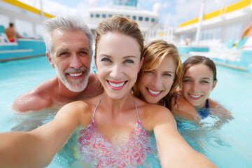 Group of friends having fun in pool taking selfie with joyful expressions. Bright sunny day on cruise ship deck creating vibrant atmosphere. Concept of travel, friendship, leisure