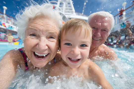 Joyful grandparents and grandson splash together in pool on cruise ship. Sunlit day with blue sky, cheerful atmosphere aboard. Concept of family bonding, travel adventures, and leisure activities