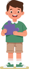Fototapeta premium Boy holding purple puzzle piece happy smiling child playing educational toy vector illustration
