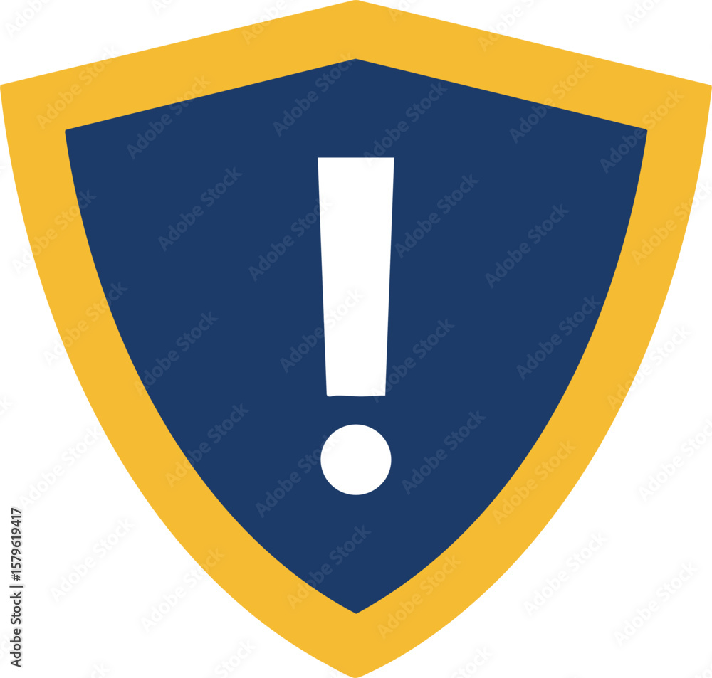 Poster shield with exclamation mark warning symbol in blue and yellow vector icon for alert and caution des