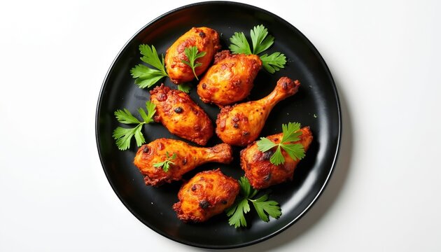 Top view of Tandoori chicken drumsticks on black plate. Juicy, seasoned meat with rich red marinade, garnished with fresh parsley. Perfect for food blogs, Indian cuisine promotion, culinary articles.
