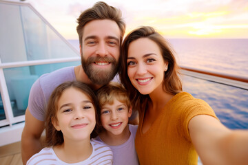 Family taking selfie together on cruise deck during sunset. Colorful sky and ocean backdrop create warm atmosphere. Concept of travel, family bonding, adventure