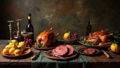 Renaissance still life features roasted poultry, sliced venison, and fruit. Set on a rustic wooden table with cutlery and wine bottles, this opulent spread evokes a historical feast.