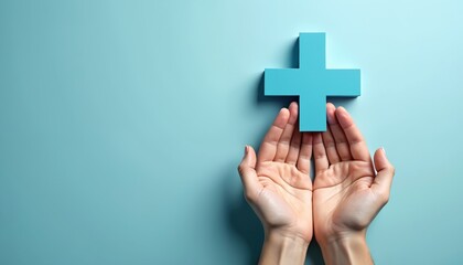 Hands gently hold blue medical cross symbol against serene light blue background, representing healthcare access, insurance, welfare. Image signifies health, protection, care, perfect for medical