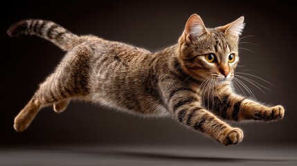 Tabby cat leaping in mid-air against dark studio background