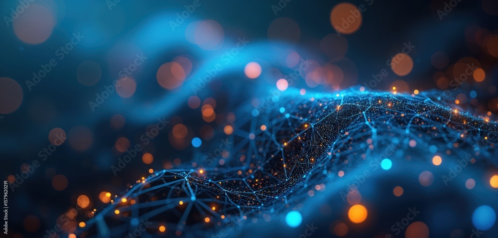 Poster abstract digital network visualization. interconnected glowing nodes, lines create futuristic, high-