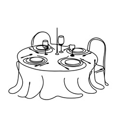 Minimalistic continuous line drawing of a festive Christmas table setting with elegant curves on a plain white background, concept of home decor and dining businesses.