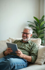 Smiling middle-aged man uses digital tablet, relaxing on couch at home. Happy mature male browses internet on tab computer, sits on sofa in living room. Casual attire, comfort, tech, technology
