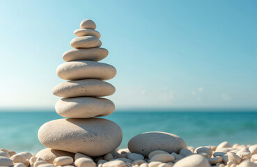 Neatly stacked pile of smooth pebbles on beach sand. Zen rock formation against clear blue sky and ocean horizon. Serene coastal landscape showcasing balance and harmony in nature.