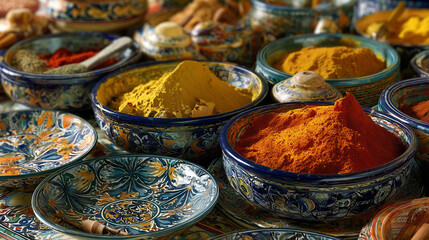 Colorful spices in ornate bowls, close-up composition, textile background, artistic presentation, copy space