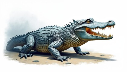 Fototapeta premium Detailed illustration of fearsome crocodile in natural habitat, open mouth revealing sharp teeth, rough scales. Reptile predator depicted in dynamic, realistic pose on sandy ground, perfect for