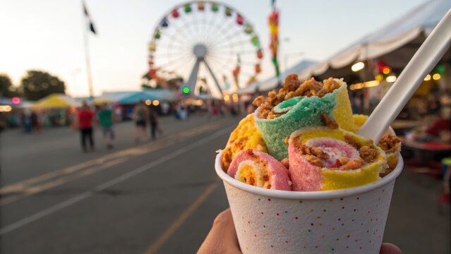 Colorful rolled ice cream with a fairground backdrop at sunset