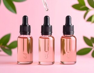 Serum bottles on pink background with leaves