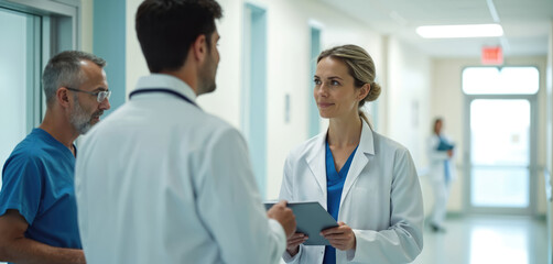 Medical team doctors consult in hospital hallway discussing patient results and planning. Woman doctor with clipboard, man doctor collaborating on diagnosis and treatment strategy.