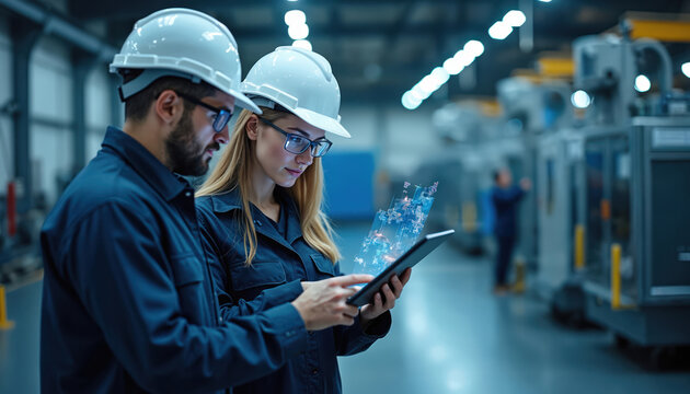 Two engineers, man, woman, collaborate using digital tablet with augmented reality interface in factory. They analyze data on CNC machinery, focusing on innovation, future production technologies. - Powered by Adobe