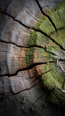 Realistic tree trunk cross-section background, full of detailed growth rings, tiny cracks, and wood fibers. Subtle moss and lichen textures blend into the edges.