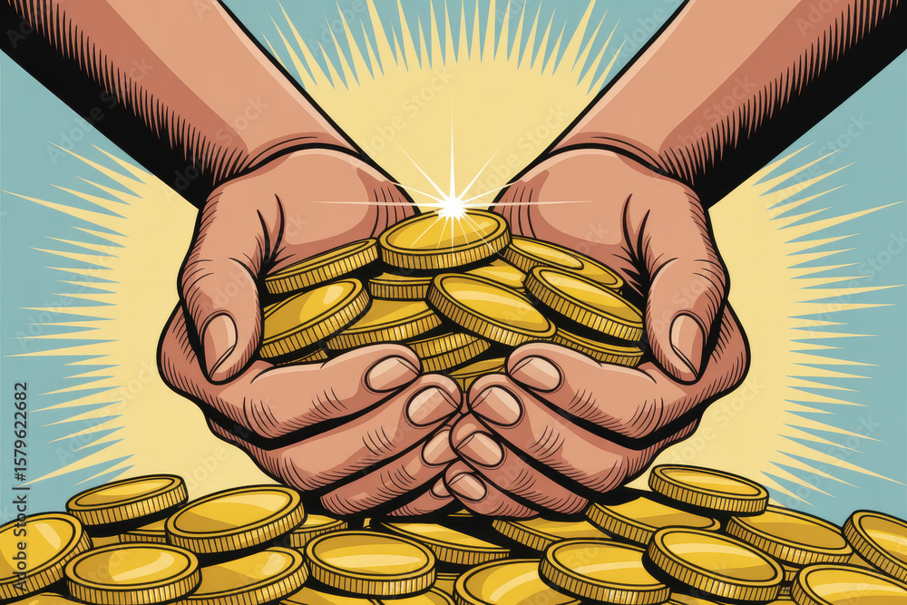 Poster powerful hands holding a pile of golden coins symbolizing wealth and prosperity in a dynamic retro s