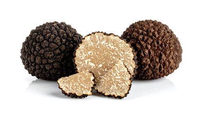 Three black and white truffles on white background