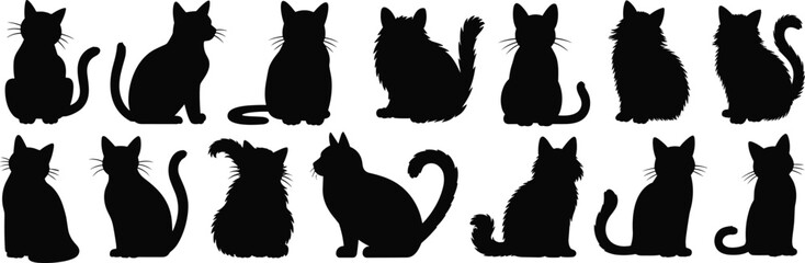 Silhouette of black cats in various poses, vector illustration for pet design, feline graphics, animal art, Adobe Stock collection