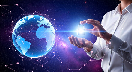 Digital Security Concept with Hand Holding Lock and Earth View