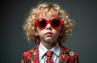 Stylish toddler with curly blonde hair wears red sunglasses, floral print jacket. Child poses in studio setting, embodying high fashion, childhood glamour. Adorable model cute, fashionable toddler