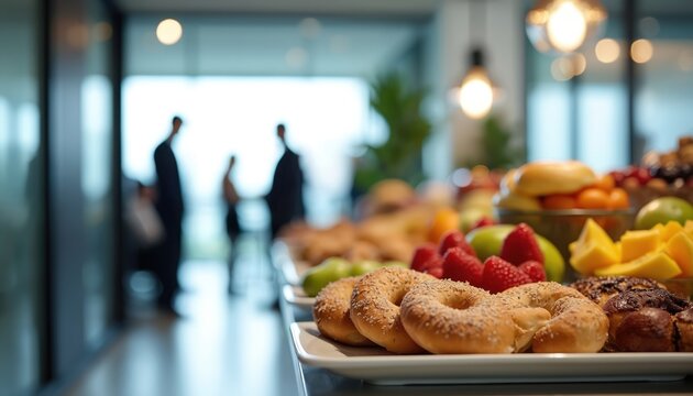 Office catering provides fresh fruit, bagels, and pastries for corporate events. This spread promotes collaboration and employee well-being with healthy buffet selection for meetings and conferences.