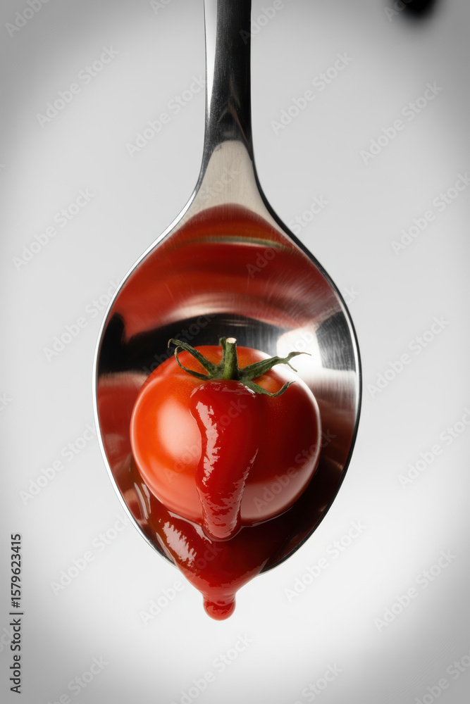 Poster artistic close-up of fresh tomato with ketchup dripping from a spoon in minimalist monochrome settin