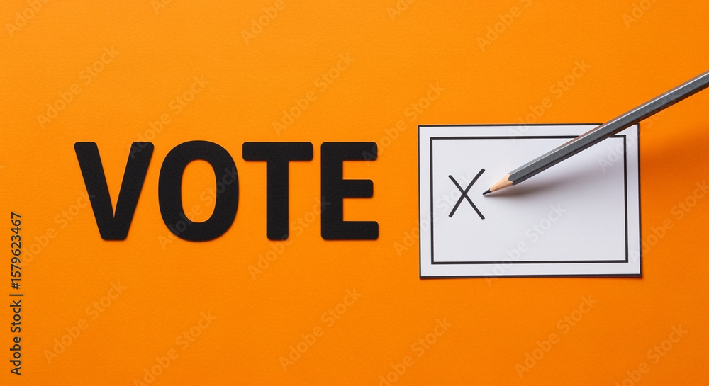 Poster vote checkbox with x mark and pencil on orange background