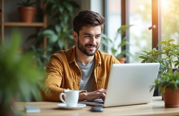 Smiling young man works on laptop at desk in bright room, enjoys coffee. Home office setup with plants, comfortable interior. Focus on remote work lifestyle, digital nomad or student studying online.