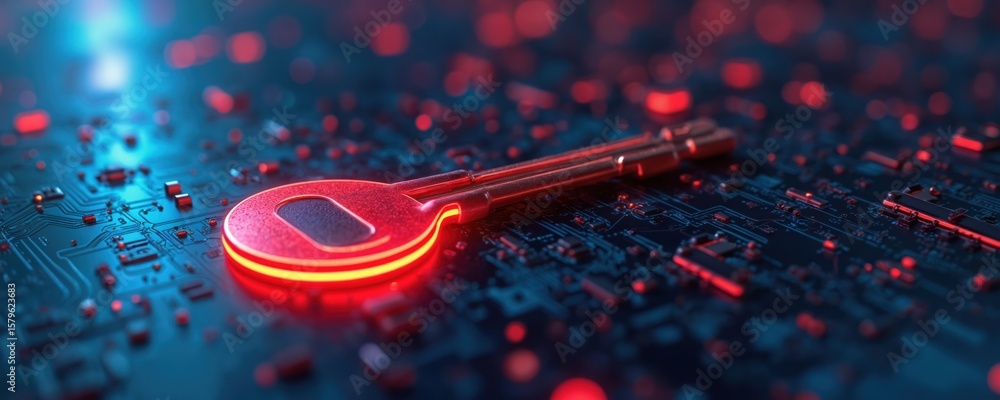 Poster glowing red key rests on digital circuit board background. security access technology, privacy, cybe