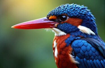 Fototapeta premium Kingfisher with vibrant blue and orange feathers, long red beak, and sharp eye detail