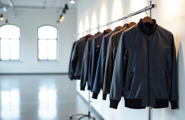 Men's jackets hanging on a clothing rack in a bright retail store or showroom