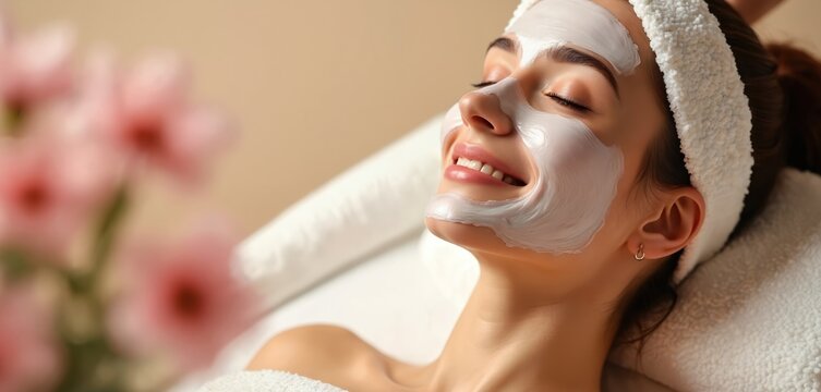 Young woman with eyes closed smiles blissfully enjoying facial mask treatment at luxurious med spa. Relaxed on massage bed, wrapped in clean white towel, with soft cream background, blurred pink - Powered by Adobe