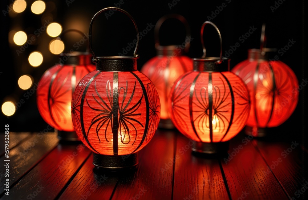 Poster red paper lanterns with black decorative patterns glowing in a dark setting creating a warm and fest