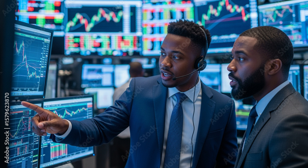Aufkleber two black men in suits analyzing stock market data on multiple computer screens