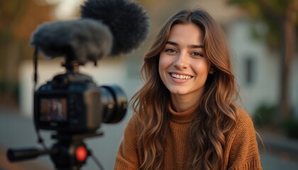 Young woman with long hair smiles at camera recording video with pro setup including camera, microphone, lighting. Content creator, likely filming tutorial presentation in studio. Workspace digital,