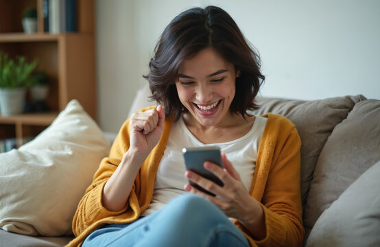 Young woman celebrates winning online deal on phone relaxing on couch. Excited expression, fist pump convey joy, surprise from mobile notification, representing success, happiness at home.