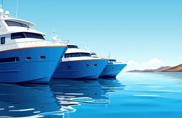 Luxury yachts anchored in calm blue water with distant mountains under clear sky